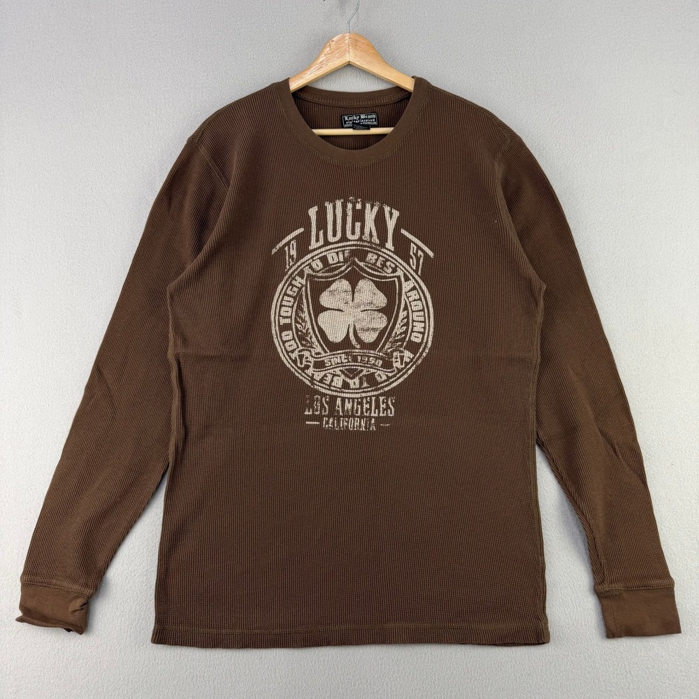 Lucky Brand Thermal T-Shirt Mens XL Brown Graphic Long Sleeve Tee Retro Vintage